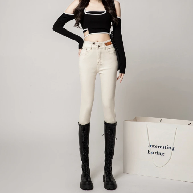 高质量爆款米白色牛仔裤女2025年新款春秋季高腰提臀收腹弹力紧身