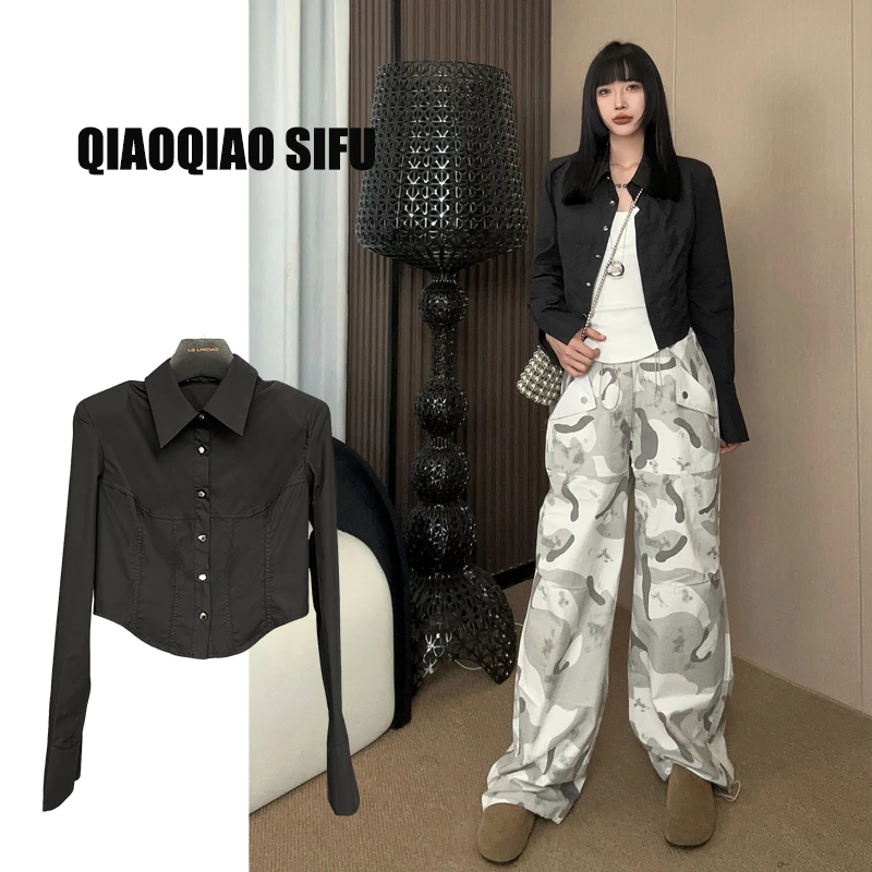 【Q-俏俏】长袖短款时尚小众设计感衬衫短外套12003