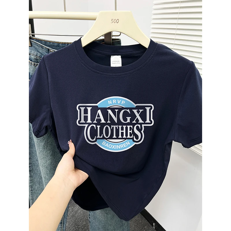正肩短袖t恤女夏季新款韩版休闲设计感潮牌字母印花大码圆领上衣