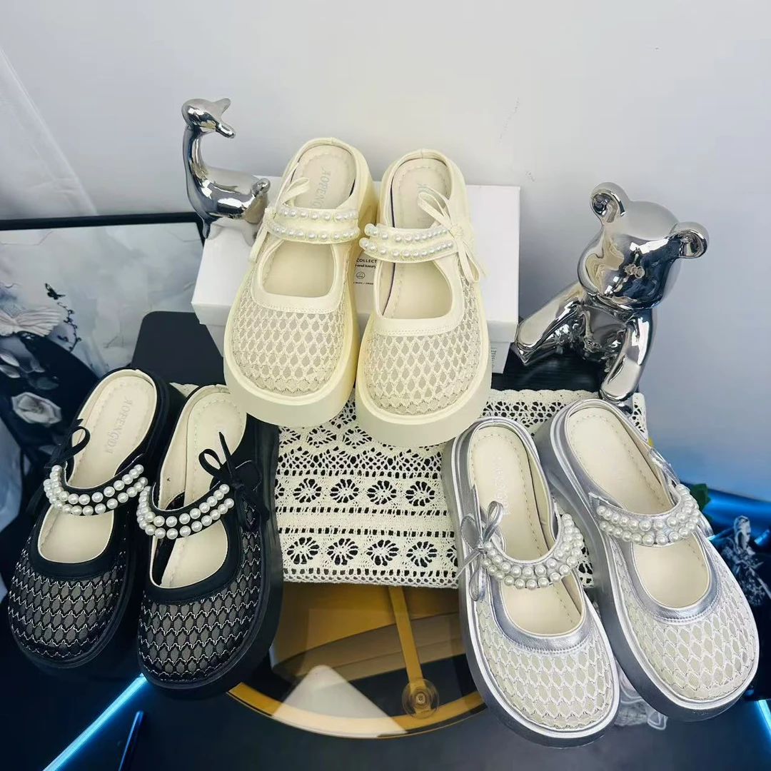 珍珠蝴蝶结拖鞋女2025春夏季外穿防滑百搭厚底镂空厚底半拖女鞋