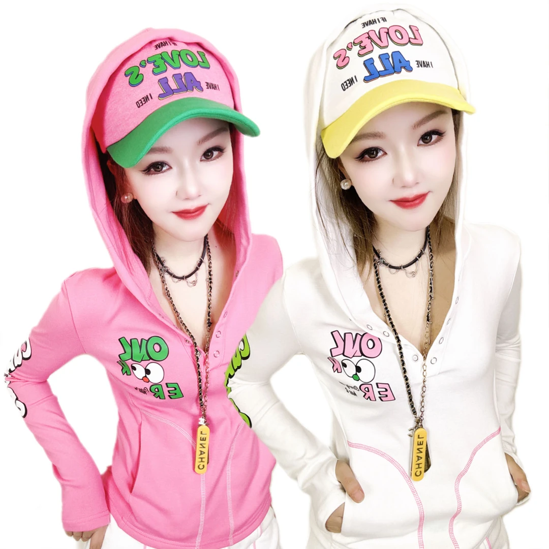 A300潮牌修身显瘦时尚洋气减龄撞色拼接纯棉打底衫连帽长袖T恤女