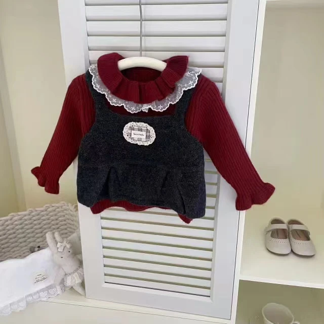 女童红色花边假两件毛衣（XMX-115-冬A）汉服