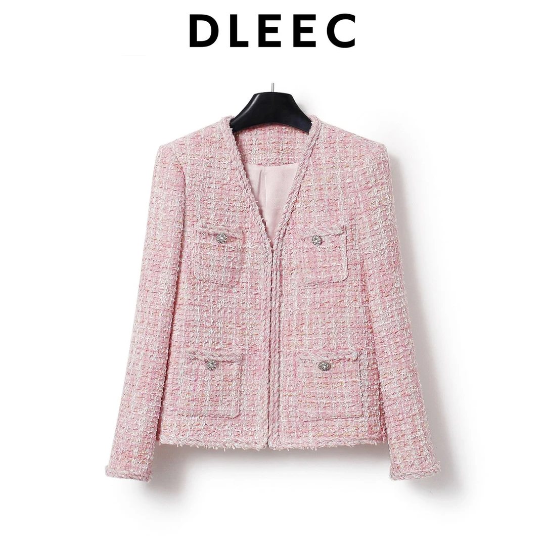 DLEEC 时髦千金装气质粉色精美感小香风时尚V领外套洋气减龄上衣