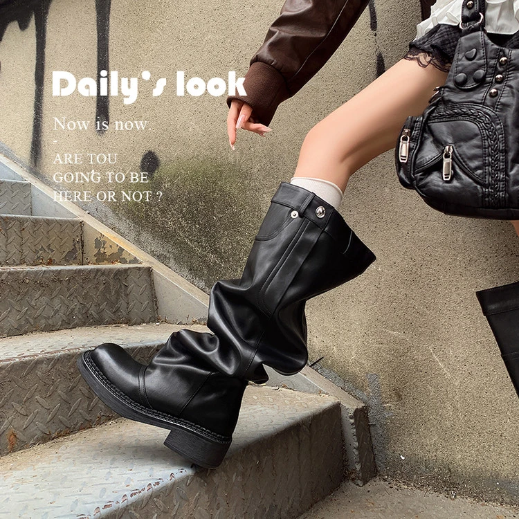 西部靴2025年秋季欧美粗跟皮带扣纯色西部靴西部靴中筒