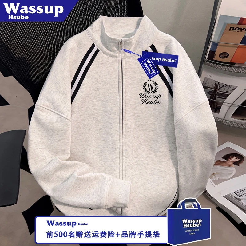WASSUP HSUBE麦穗圆徽印花拉链卫衣休闲风秋季开衫男女三条杠外套