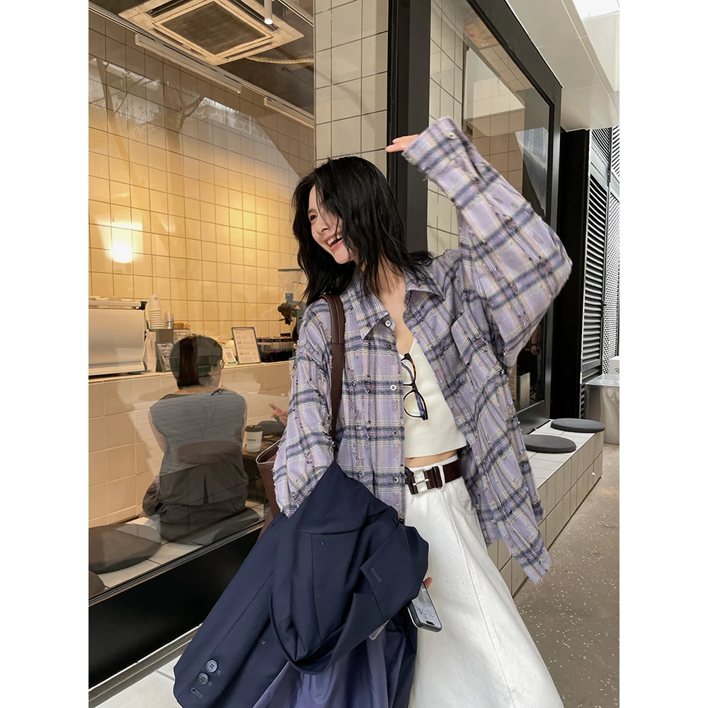 JCCC影子【雾霭格调】蓝紫炒色做旧破洞格子长袖衬衫JE5BSC19