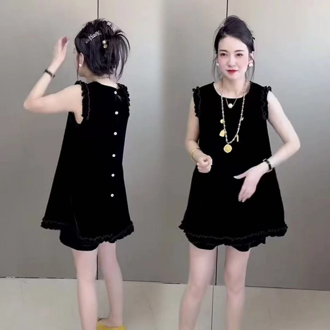 【正版】法式木耳边丝绒套装设计无袖背心上衣宽松阔腿短裤两件套