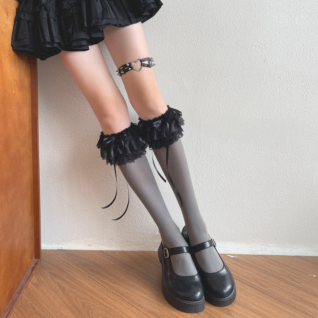 袜贵人暗黑哥特式地雷系蕾丝多层花边天鹅绒微压小腿中筒大腿袜女