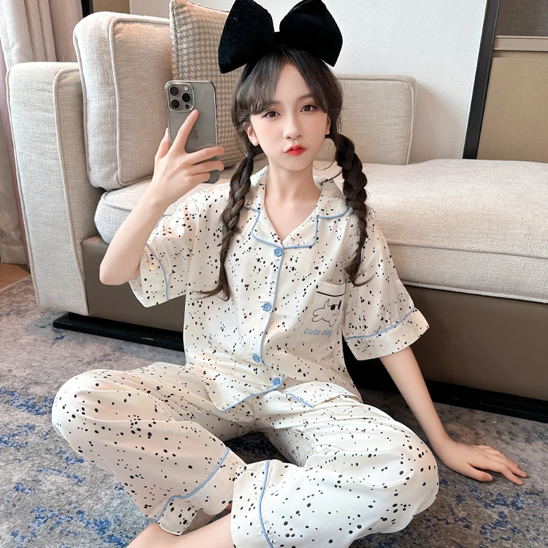 女童冰丝睡衣套装夏季薄款短袖短裤长裤三件套空调家居服卡通可爱