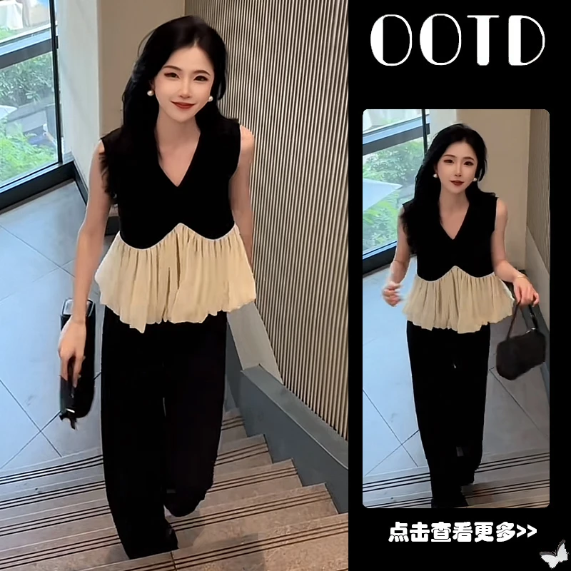 夏季流行穿搭一整套女2025新款韩版拼接无袖背心阔腿裤两件套装