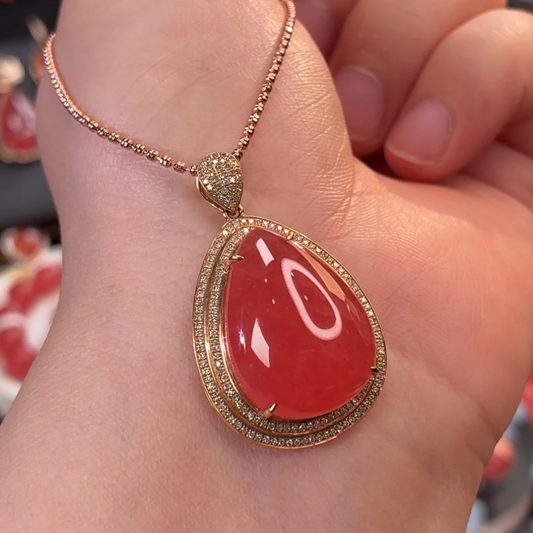 菱锰矿（红纹石）18K金镶嵌吊坠(不含链)