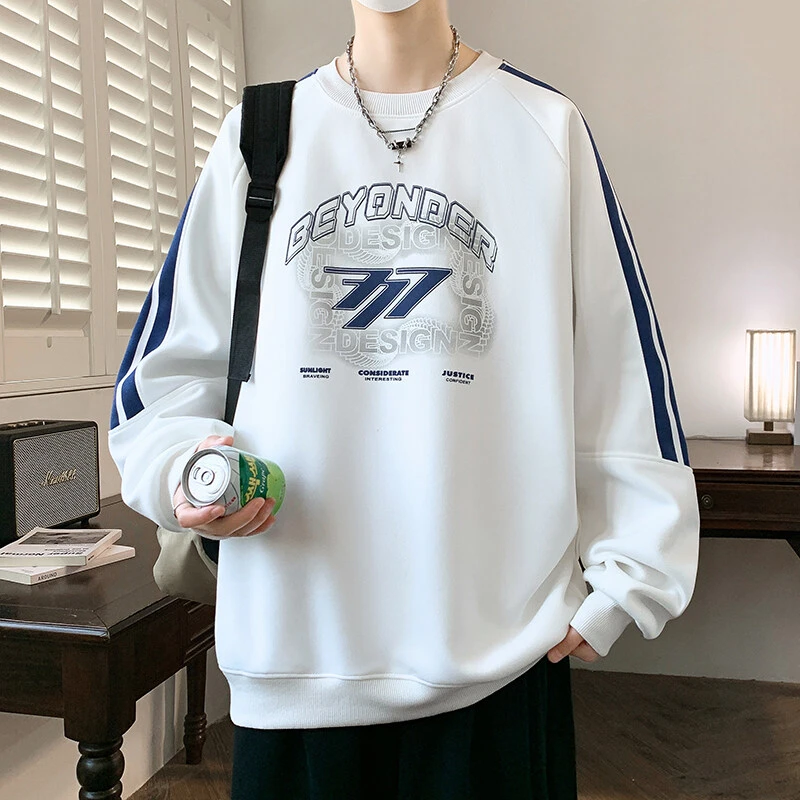 美式复古球衣风百搭印花卫衣男重磅灰色圆领打底宽松休闲运动外套