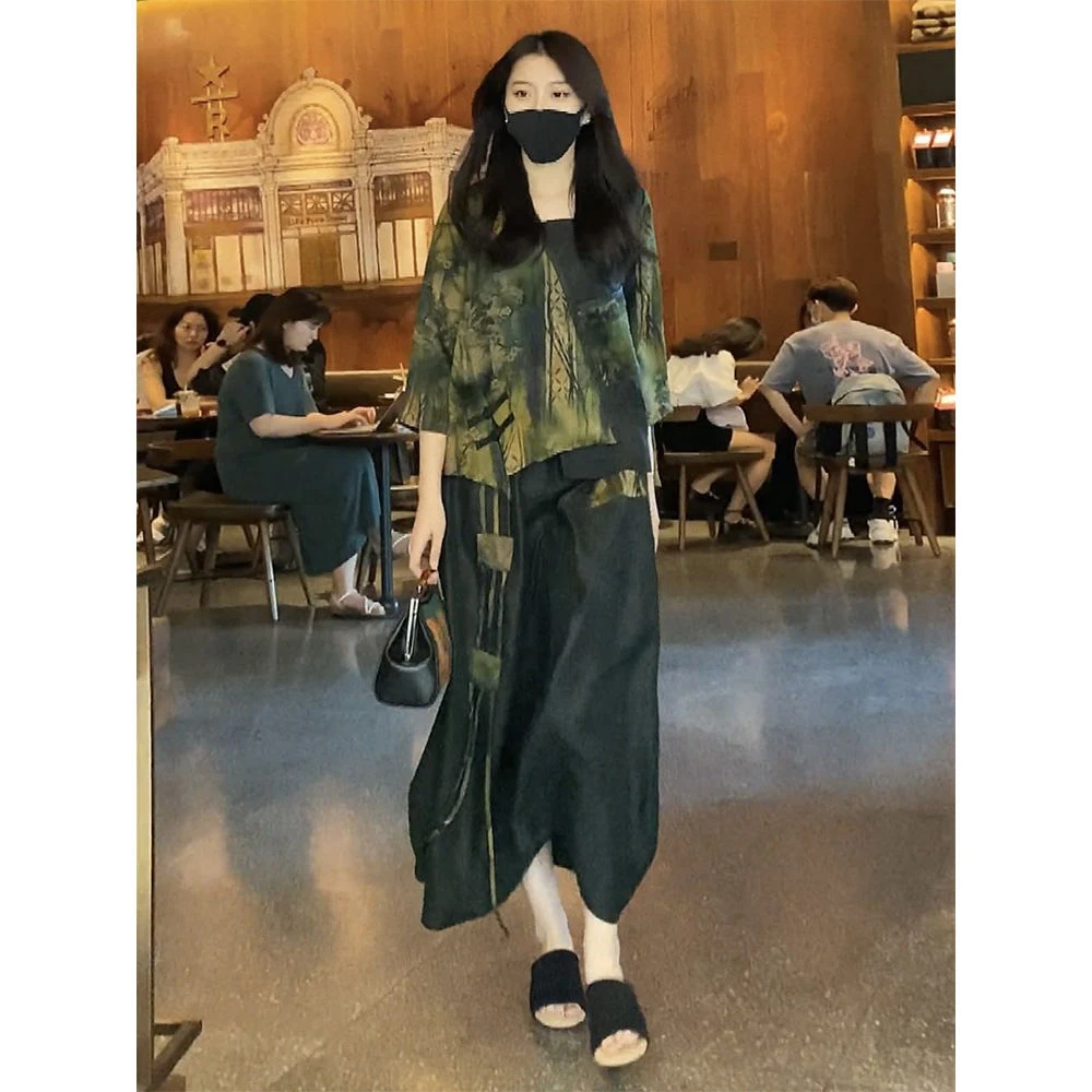 香云纱桑蚕丝连衣裙2022夏季新款复古印花重磅真丝裙两件套装