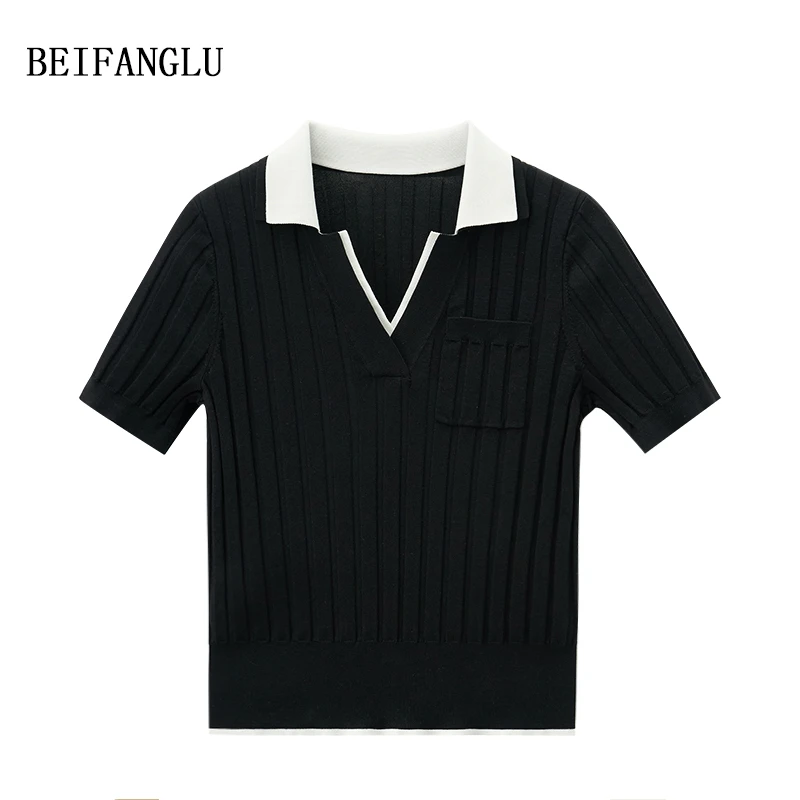 北方鹿【透气莱赛尔三醋酯】柜单法式假两件POLO领针织短袖女26525