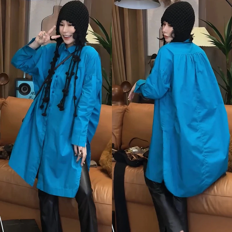 韩版百搭宽松中长款纯色衬衫女欧洲站2025春秋新款时尚休闲上衣潮