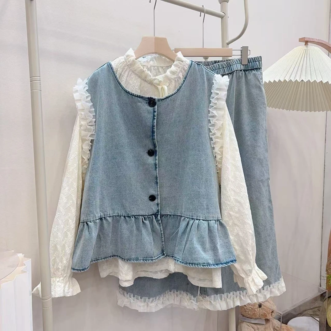 胖胖家*25009新款牛仔马甲裤子蕾丝衬衫套装