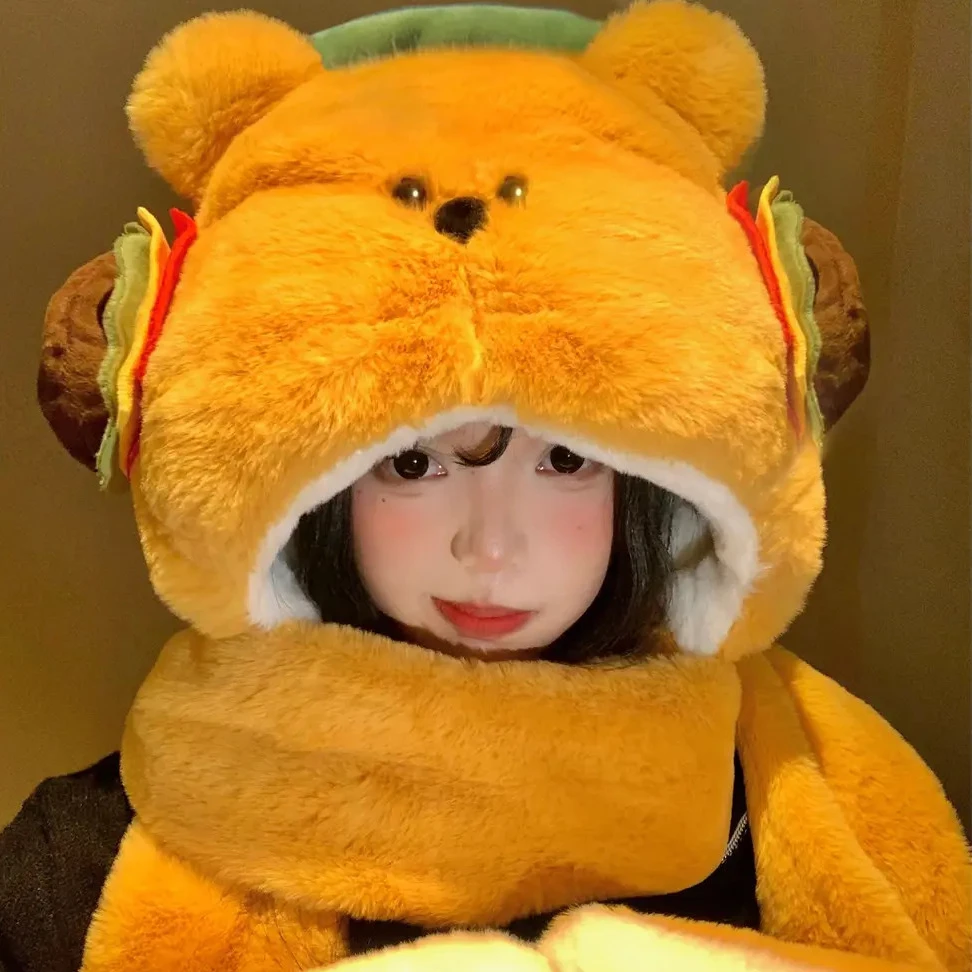 可爱汉堡小熊毛绒帽子围巾一体女冬季加绒加厚保暖防寒2025新款