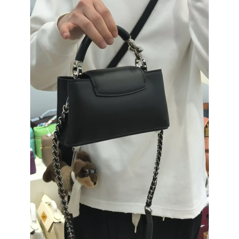 YUSHA/高档小号黑色牛皮手提包-银扣-812