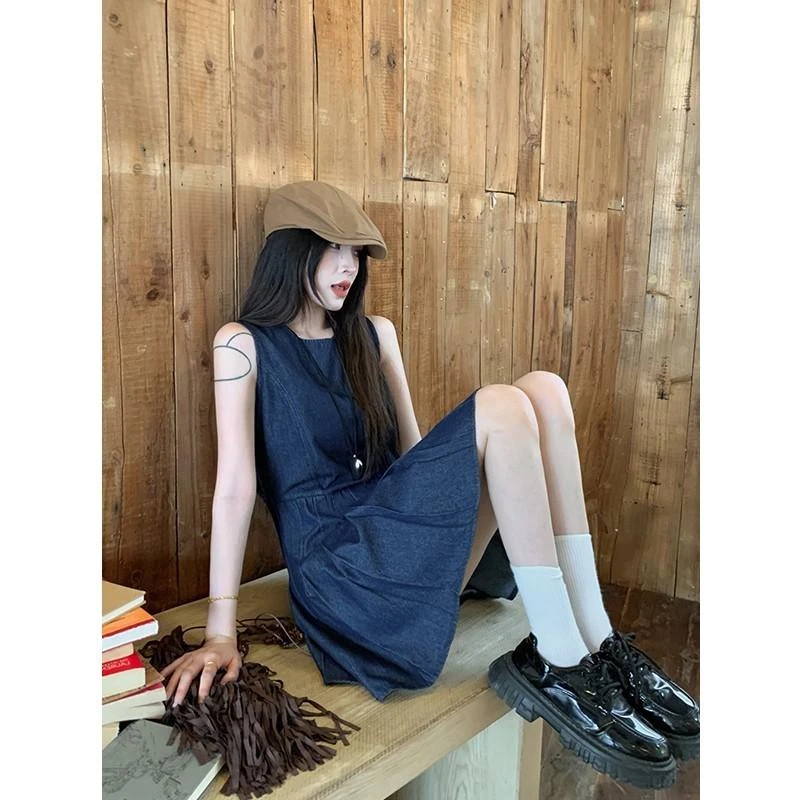 复古小个子蓝色圆领牛仔背心连衣裙女夏季收腰显瘦百褶裙A字裙
