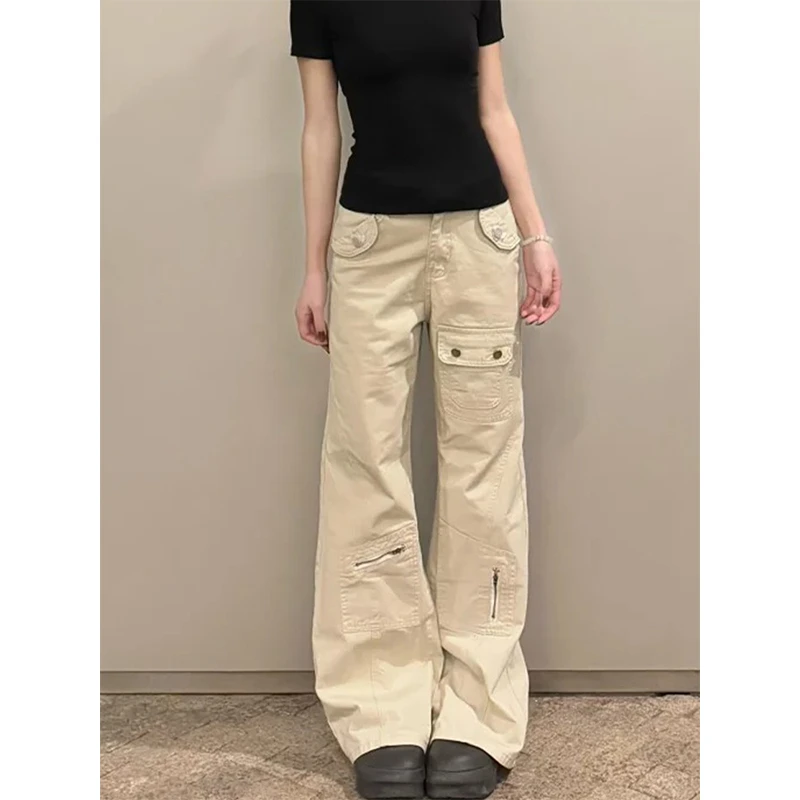 美式复古杏色工装牛仔裤女2025春季新款高腰宽松阔腿直筒拖地长裤