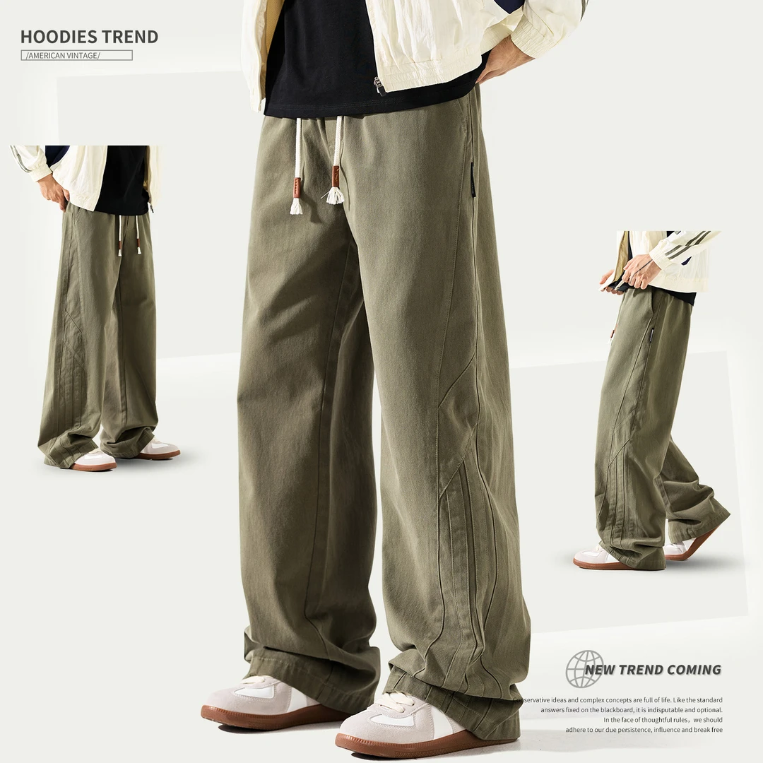 休闲裤男款2025新款春秋美式拼接做旧弯刀裤潮牌直筒复古工装裤男