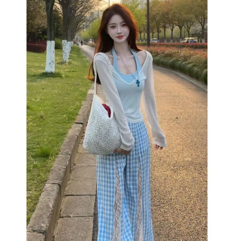 2025超火夏季一整套韩系纯欲薄款防晒长袖T恤女设计感格纹休闲裤