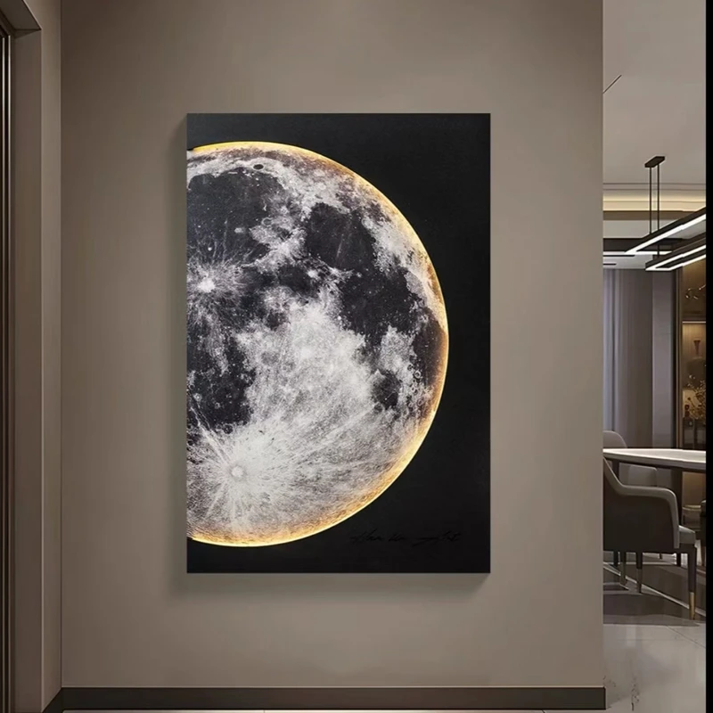 现代砂岩LED灯画轻奢客厅高级感入户挂画玄关壁画月球80120年轻人