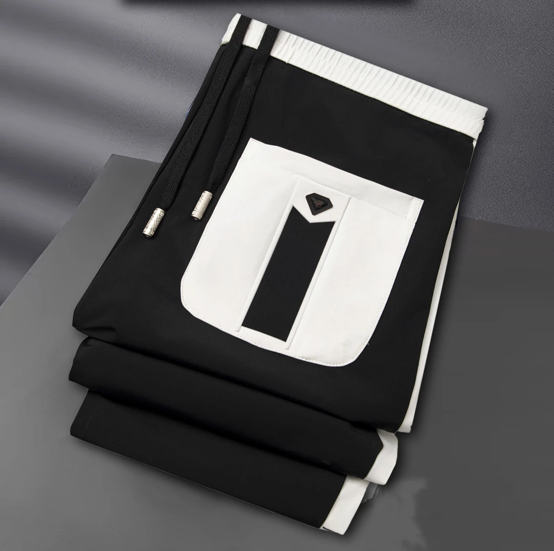 夏季薄款冰丝牛奶丝冰感弹力男士休闲裤撞色拼接修身小直筒男裤