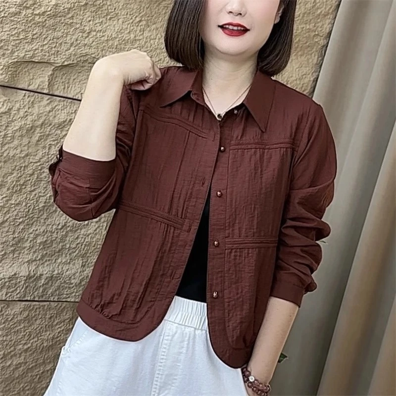 简约百搭翻领长袖开衫短外套女春秋季洋气质减龄显瘦宽松休闲衬衫