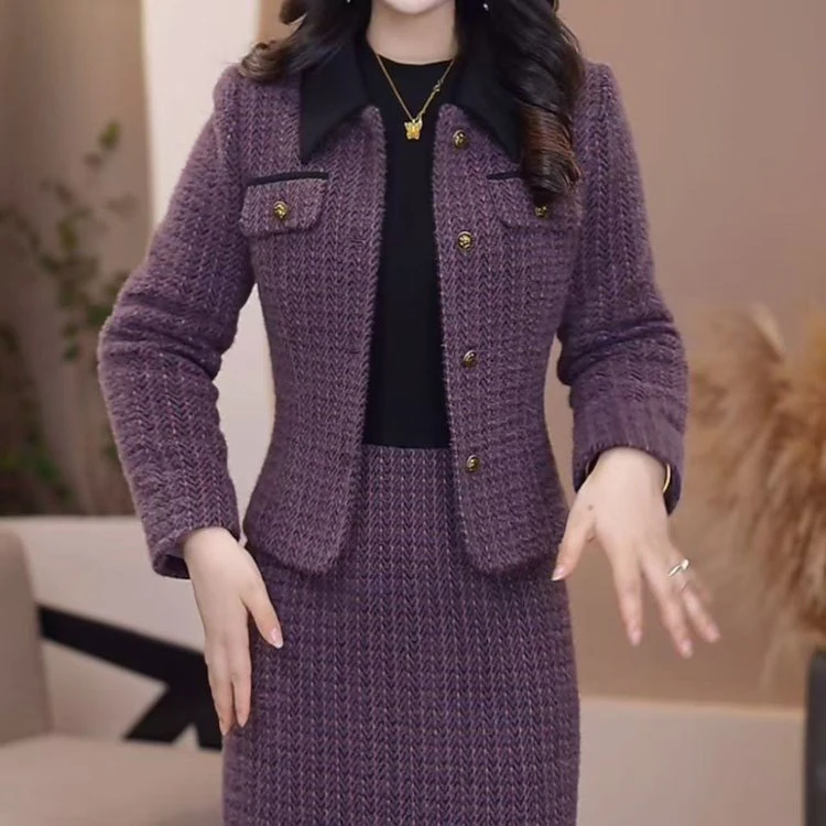 2025秋季新款修身套装女高级雪雕绒气质高雅端庄优雅俩件套礼服裙