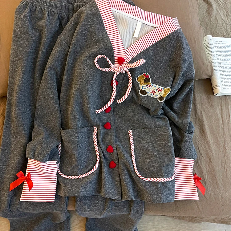 韩系可爱腊肠狗双面德绒睡衣女秋季加绒保暖宽松家居服套装可外穿