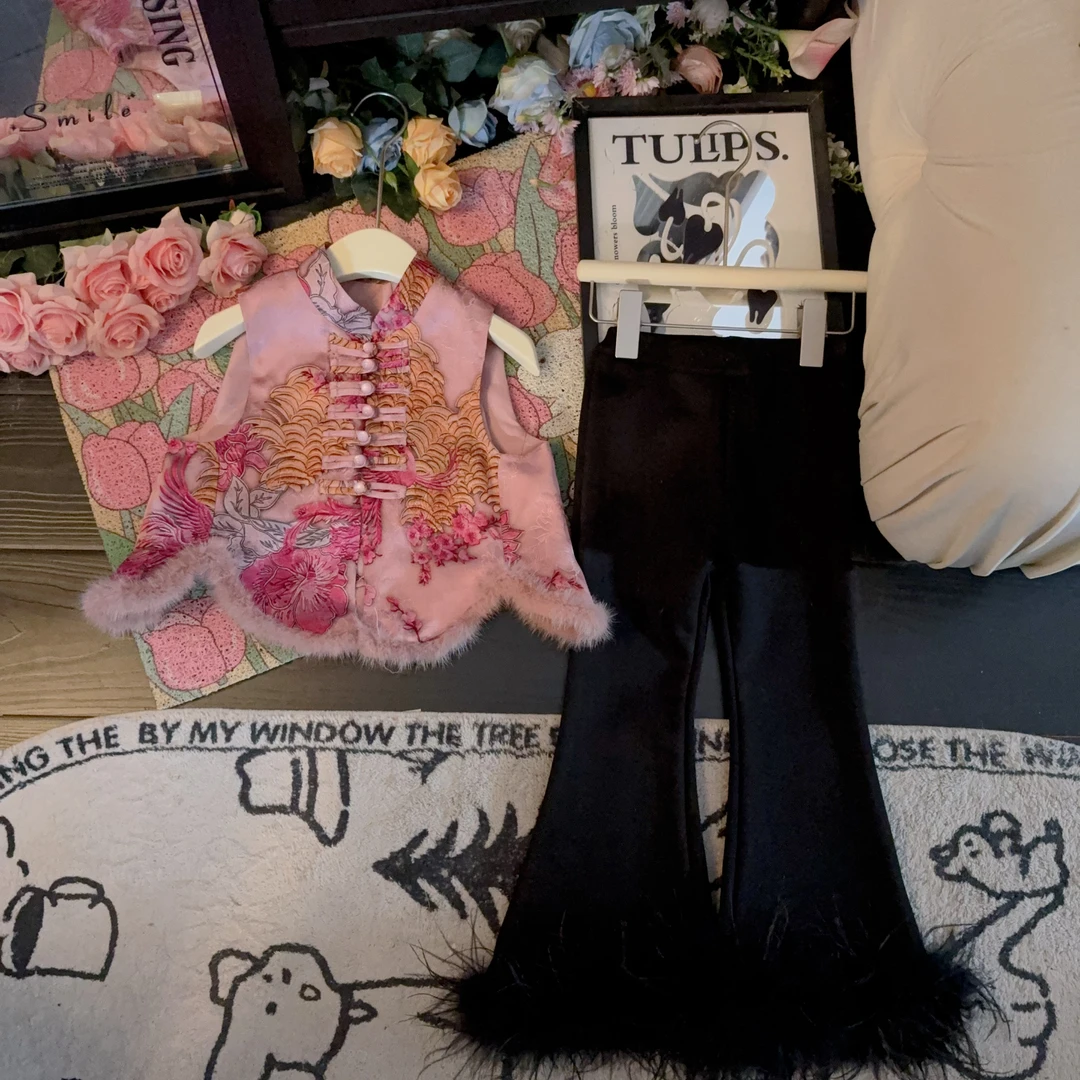 现货 百鸟朝凤新中式国风唐装水貂毛马甲+鸵鸟毛丝绒打底衫两件套