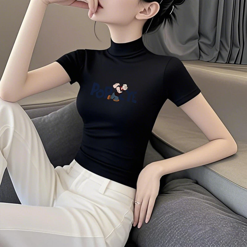 黑色半高领莫代尔冰丝短袖t恤女夏季韩版修身显瘦薄款印花上衣潮
