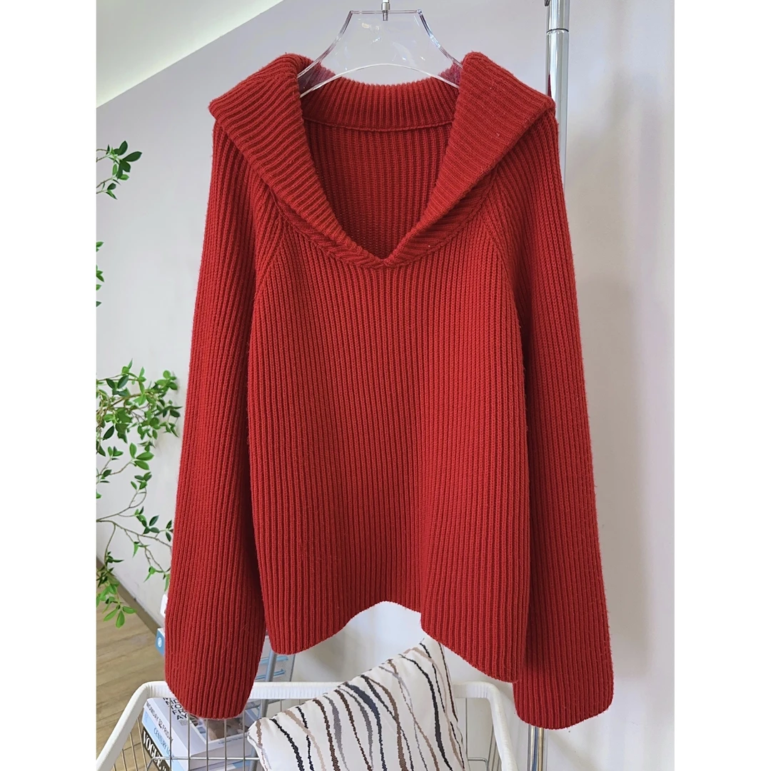丨早秋气质宽松显瘦纯红套头针织衫 1002