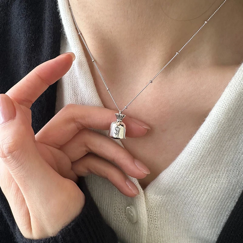 吊坠925银 钱袋子项链女简约小众设计感几何百搭圆珠秋冬锁骨链