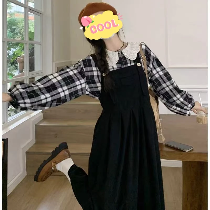 大码复古格纹花边领衬衫宽松背带裙秋季显瘦两件套