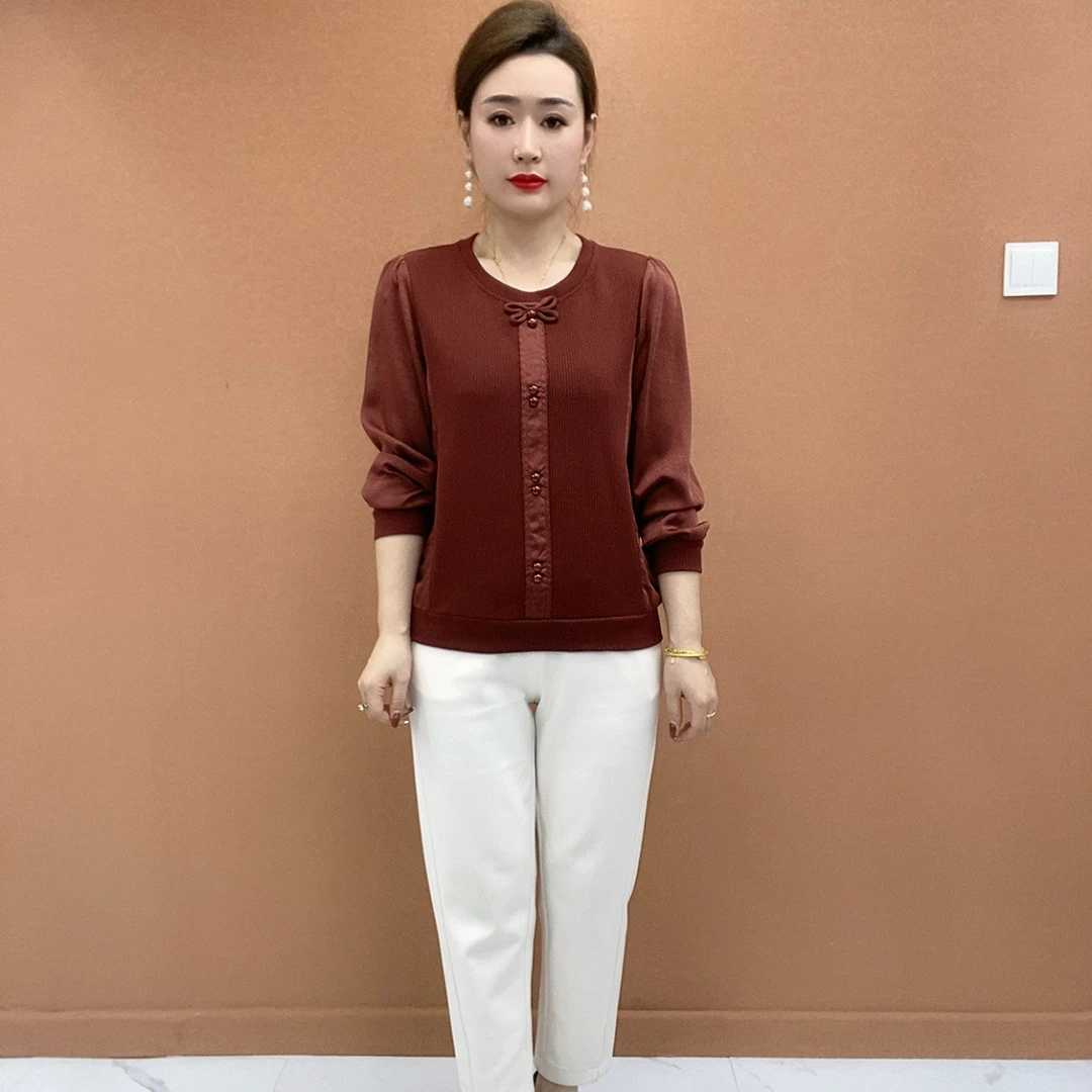 1556 线下159 春季新款国风长袖T恤女大码弹力小衫百搭洋气妈妈装