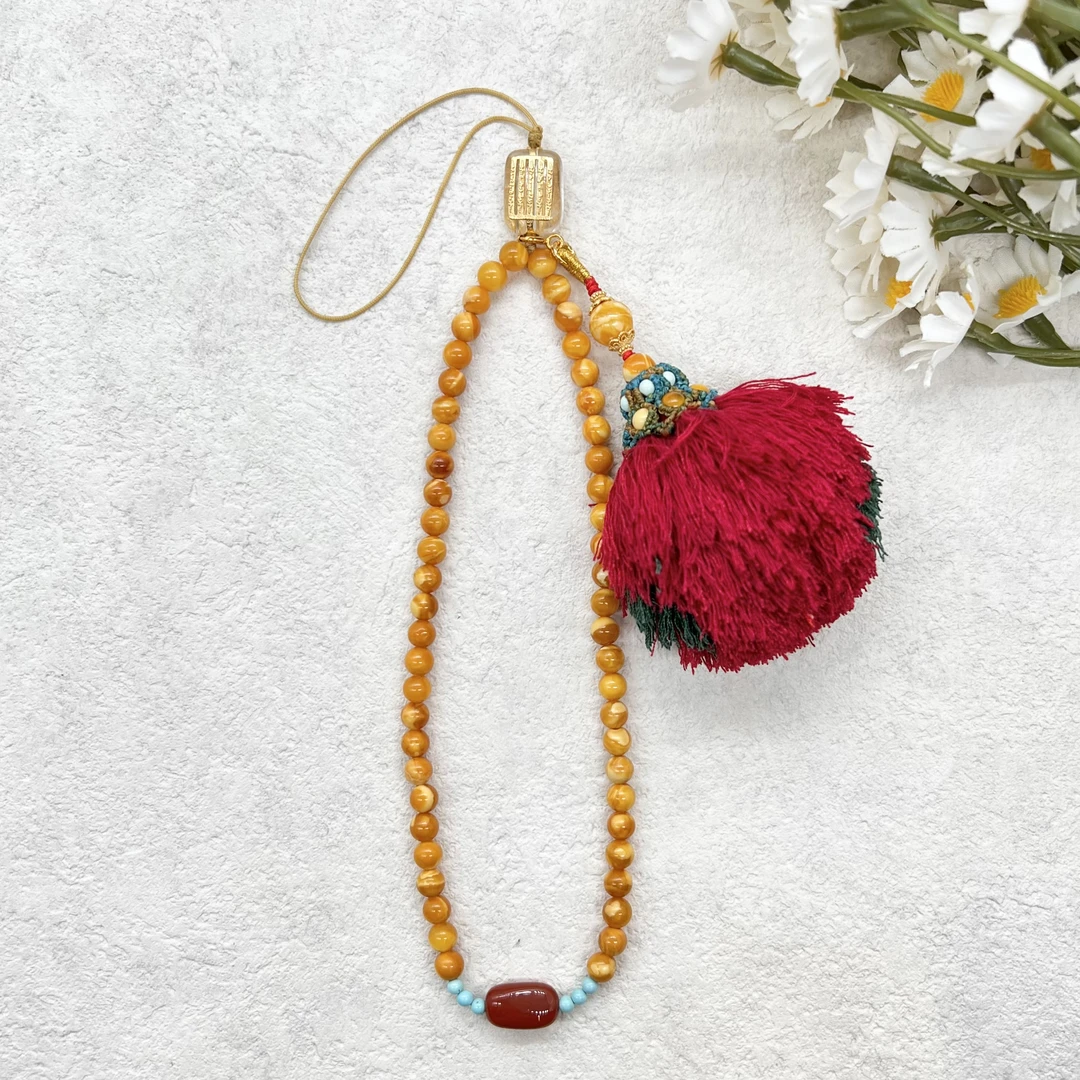 【润家原创】天然琥珀4mm花蜡设计款手机挂件*有球必应