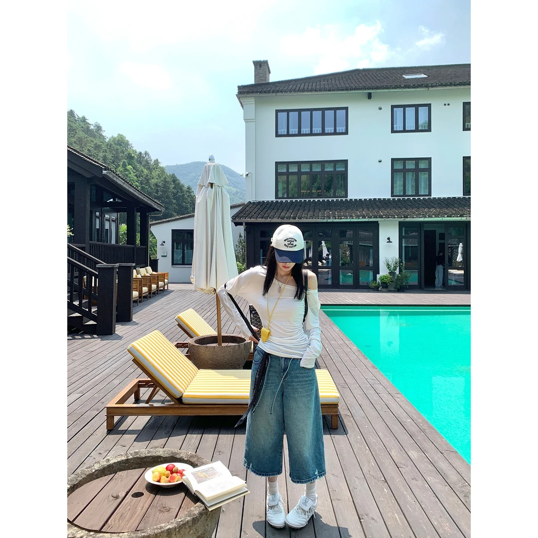 欧阳 七分牛仔裤女夏季薄款宽松直筒中裤阔腿裤做旧复古裤子