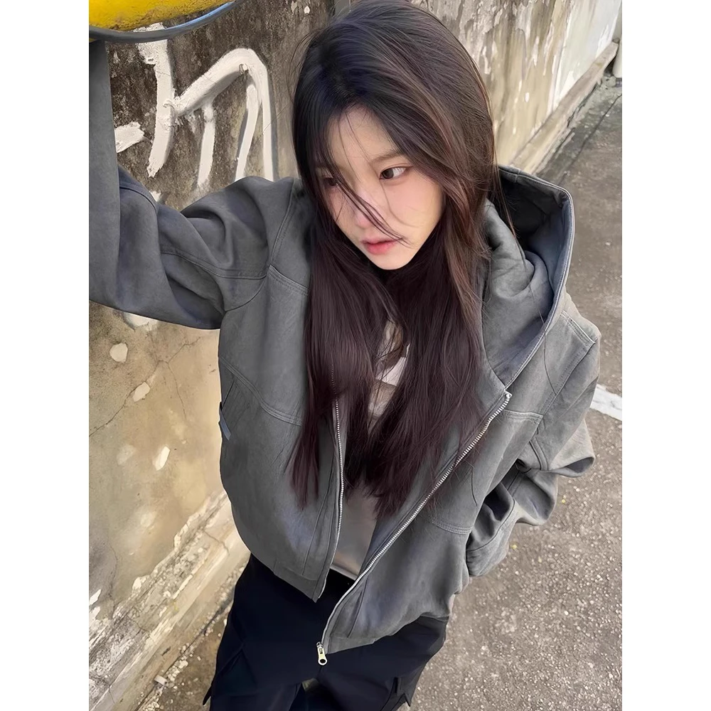 春秋季新款高级感深灰色连帽卫衣女装宽松百搭拉链夹克开衫外套潮