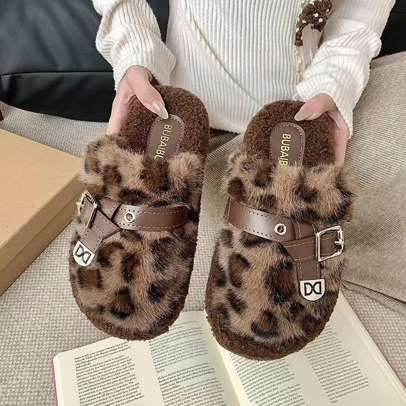 2025年新款秋冬季包头豹纹厚底毛毛拖鞋外穿时尚家居毛绒棉拖鞋女