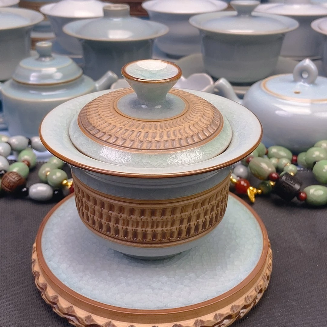 杯重工跳刀鱼鳞冰花元宝盖碗原矿原釉原产地