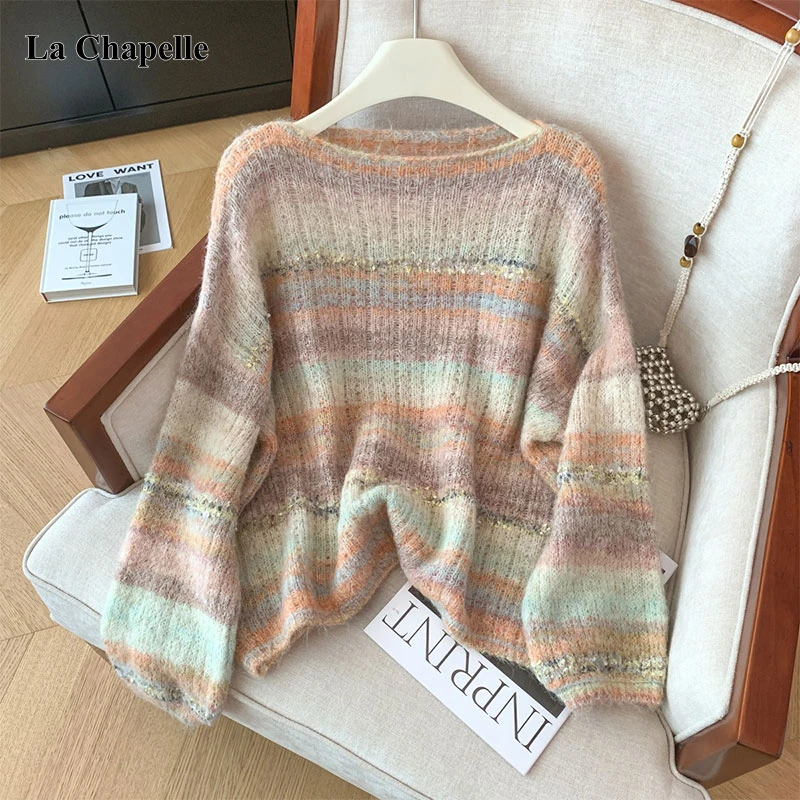 拉夏贝尔法式软糯渐变长袖毛针织衫女秋冬新款宽松慵懒风休闲毛衣