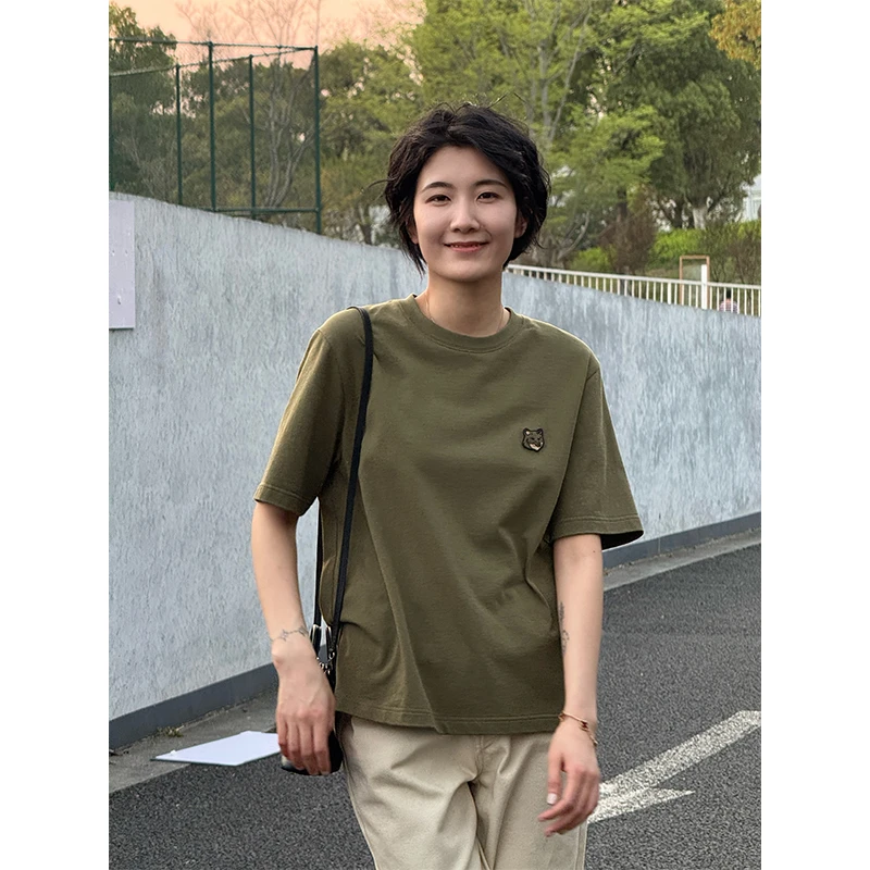 LANGQING 绿色纯棉圆领正肩宽松简约休闲舒适T恤43699#