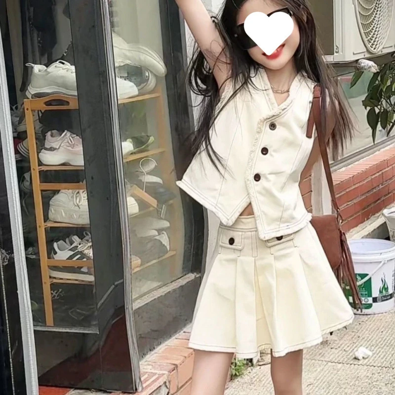 女童夏季小香风时尚套装无袖马甲+半身短裙子公主小洋装两件套潮