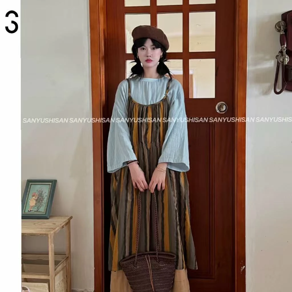 三与十三|条纹吊带裙|色织吊带褶皱感棉麻基础百搭连衣裙