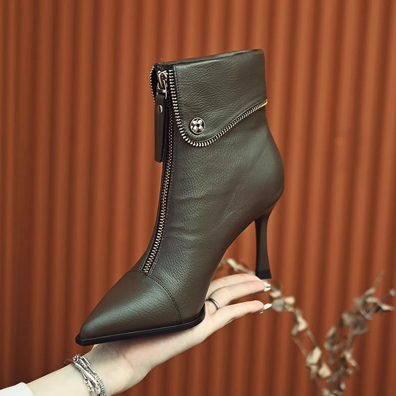 前拉链气质时装靴女尖头细跟瘦瘦靴2025秋冬新款高跟时尚黑色短靴