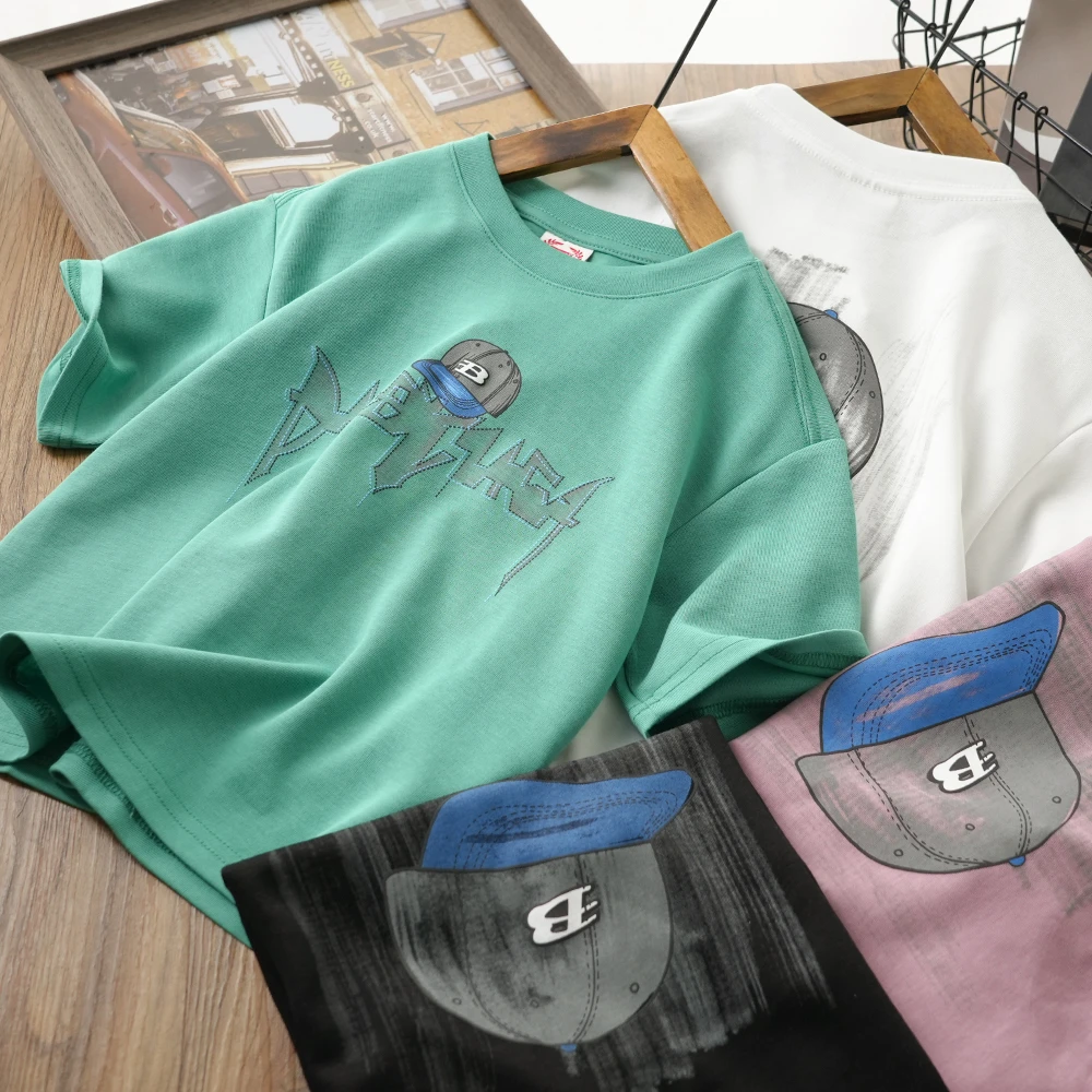 儿童夏季新款帽子字母印花短袖T恤男童中大童圆领休闲S924