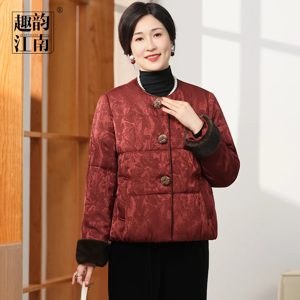 江南故事妈妈装新中式复古气质外套暗纹国风印花毛绒洋气宽松棉服