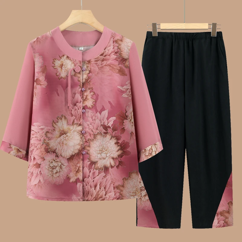 奶奶夏装衬衫中老年人夏季套装女妈妈衬衣老太太中袖老人开衫衣服